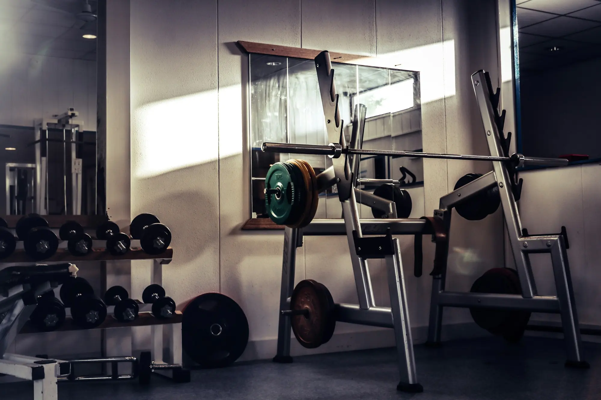 A squat rack and plate tree beside a window